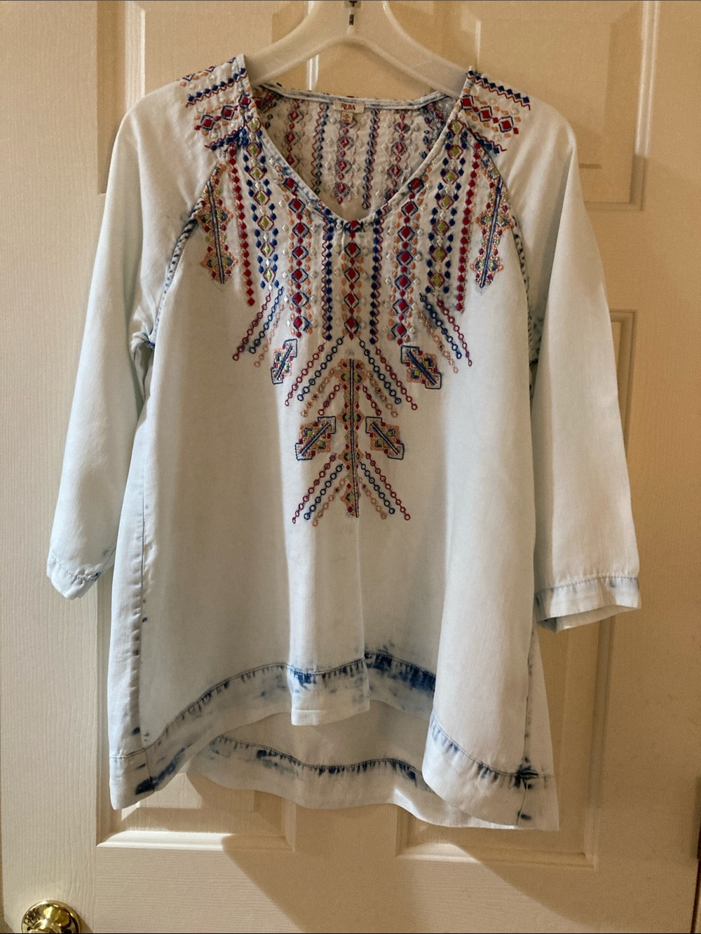 Reba Light Blue Embroidered V-Neck Tunic Top